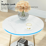 Faux Marble End Table, 2 Tier Round Sofa Bedside Table with Shelves