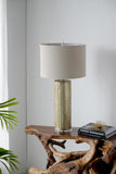 Tall Cylinder Table Lamp with Vertical Wave Detail, Clear Base and Drum Fabric Shade - Brass, Clear Finish - Beige Shade