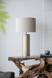 Tall Cylinder Table Lamp with Vertical Wave Detail, Clear Base and Drum Fabric Shade - Brass, Clear Finish - Beige Shade