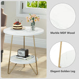Faux Marble End Table, 2 Tier Round Sofa Bedside Table with Shelves