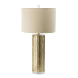 Tall Cylinder Table Lamp with Vertical Wave Detail, Clear Base and Drum Fabric Shade - Brass, Clear Finish - Beige Shade