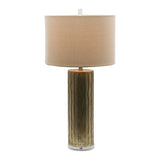 Tall Cylinder Table Lamp with Vertical Wave Detail, Clear Base and Drum Fabric Shade - Brass, Clear Finish - Beige Shade