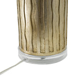 Tall Cylinder Table Lamp with Vertical Wave Detail, Clear Base and Drum Fabric Shade - Brass, Clear Finish - Beige Shade