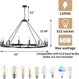 16-Light Modern Farmhouse Light Wagon Wheel Chandelier 43 Inch. - Black